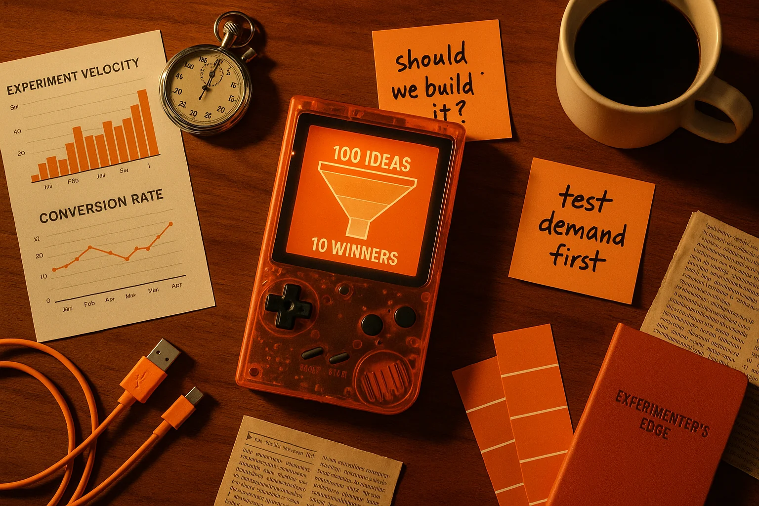 Flat lay editorial desk with orange retro device showing ideas funnel, surrounded by experiment data charts, a stopwatch, color swatches, and an Experimenters Edge notebook on warm wood