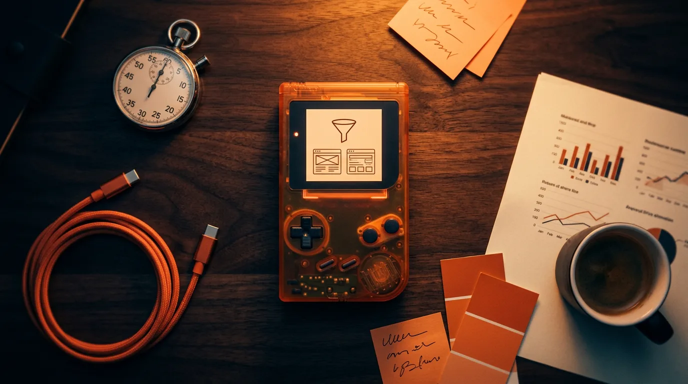 A translucent orange handheld device showing two website wireframes and a funnel icon, surrounded by a stopwatch, charts, coffee and sticky notes on a dark walnut desk.