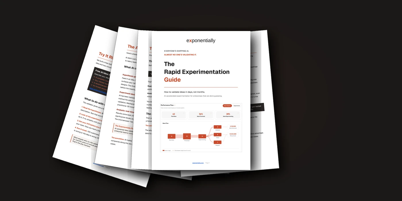 The Rapid Experimentation Guide by Exponentially - fanned pages showing the cover, methods, AI accelerator, and performance flow