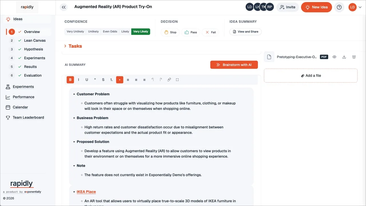 Rapidly software live idea workspace with AI summary and decision controls